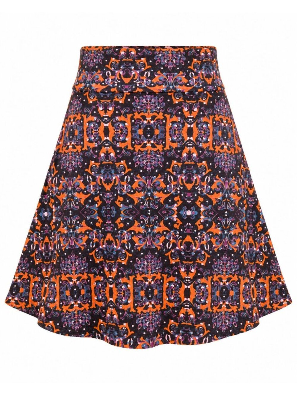LuLaRoe L Black Orange Purple Azure Skirt Fold Over Waist Stretch A Line Baroque